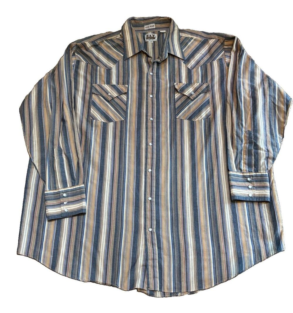 VINTAGE Ely Cattleman Shirt 2XB Big Man Tan & Blue Striped Western Pearl Snaps